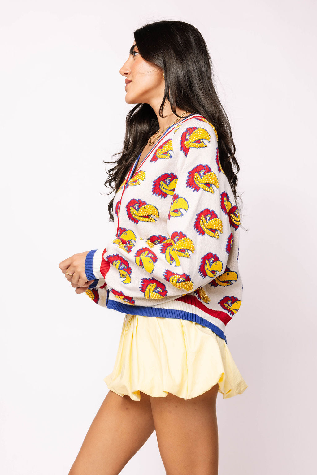 Licensed Kansas Knit In Mascot Rhinestone Cardigan
