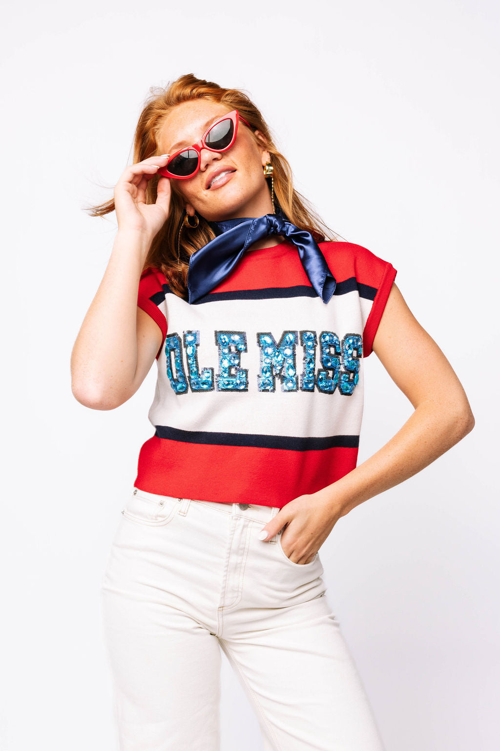 Licensed 'Ole Miss' Colorblock Jewel Letter Short Sleeve Sweater