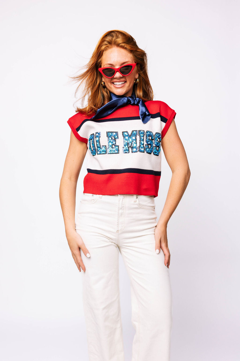 Licensed 'Ole Miss' Colorblock Jewel Letter Short Sleeve Sweater