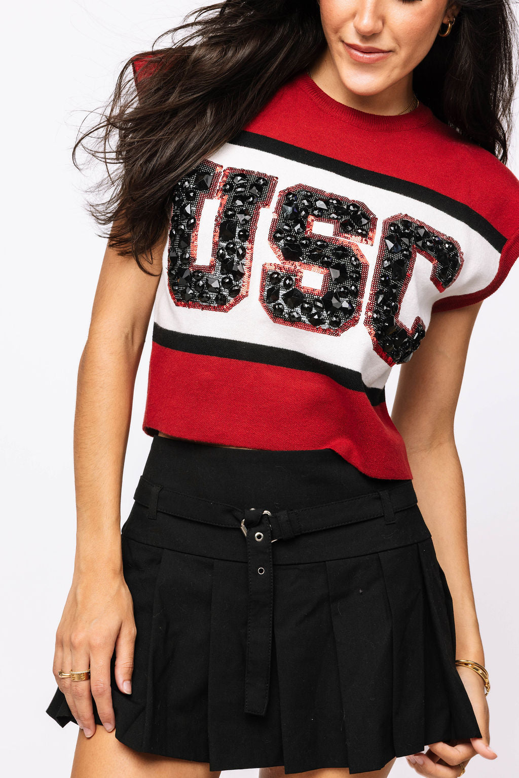 Licensed 'USC' Colorblock Jewel Letter Short Sleeve Sweater