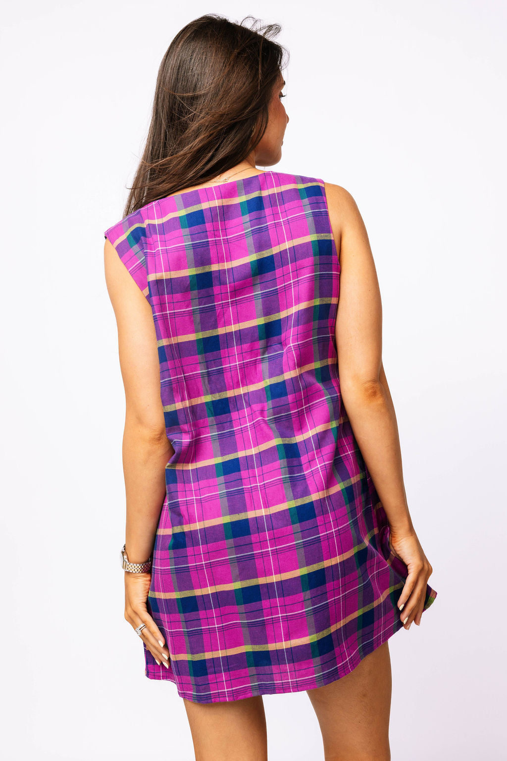 Bright Purple Plaid Crawling Tiger Button Tank Dress