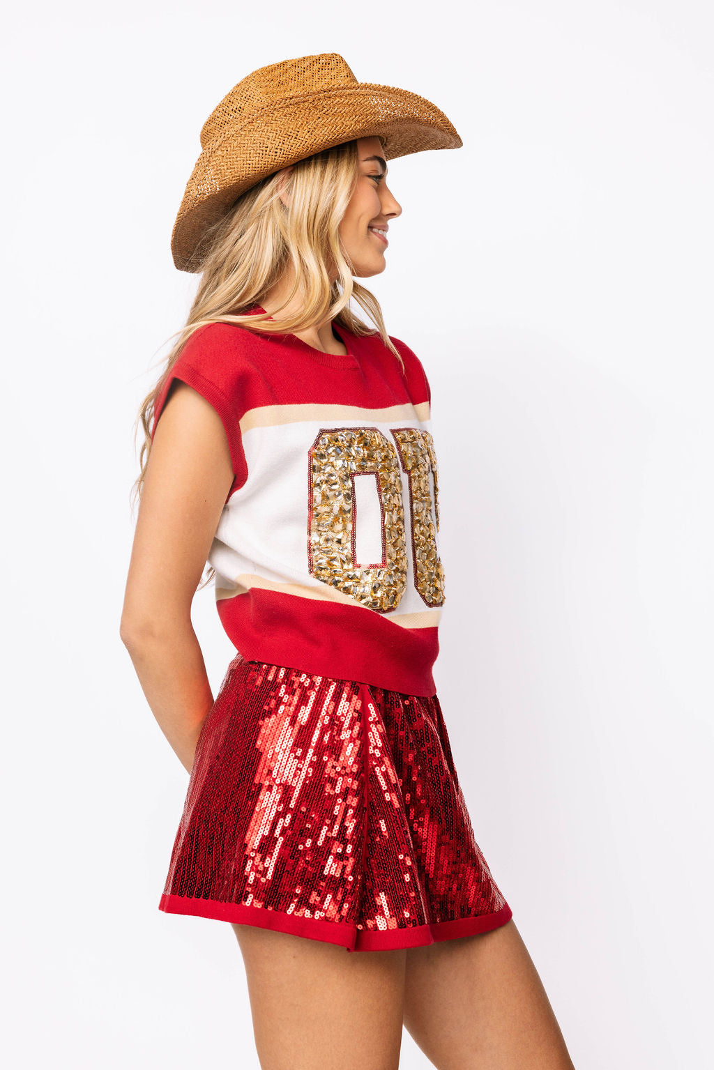Licensed Oklahoma 'OU' Colorblock Jewel Letter Short Sleeve Sweater
