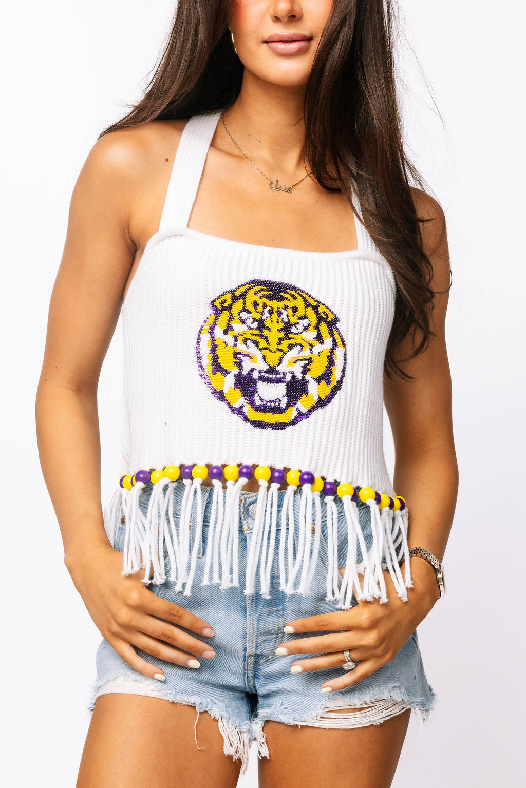 Licensed LSU Fringe Bead Sweater Tank