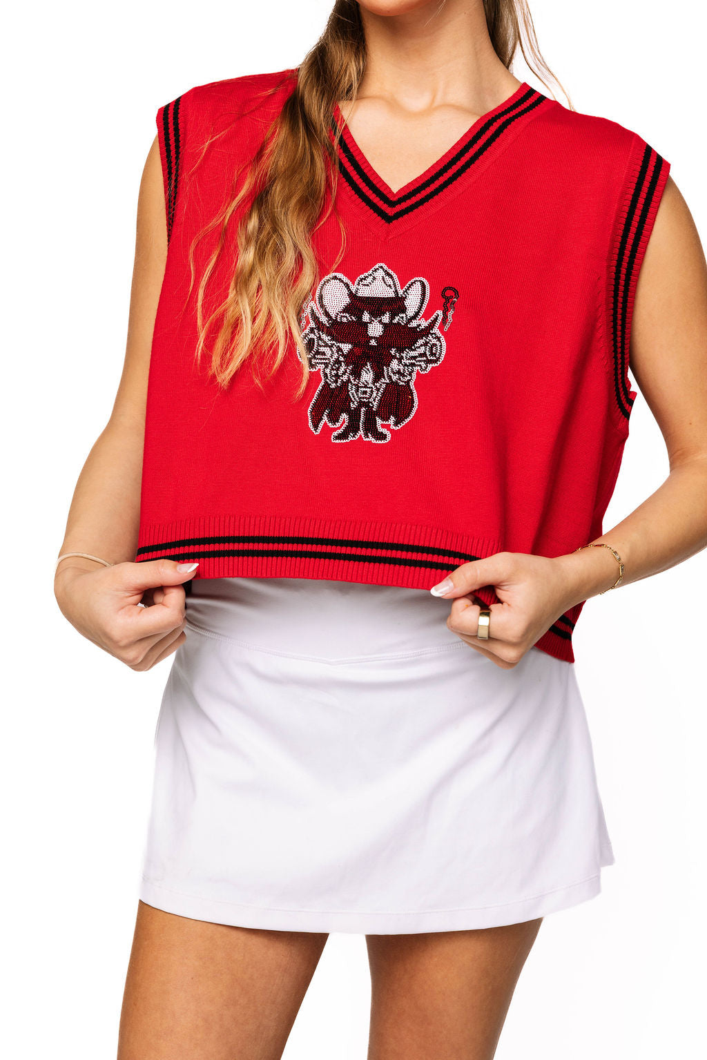 Licensed Red Texas Tech V Neck Striped Cuff Vest With Small Mascot