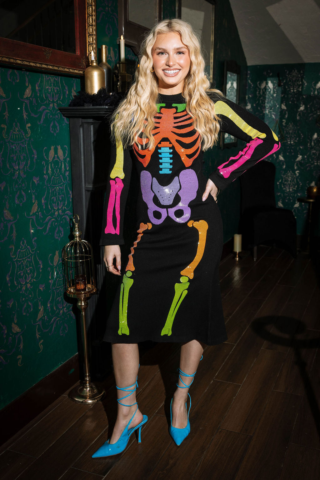 Black Multi Sequin Skeleton Knit Midi Dress