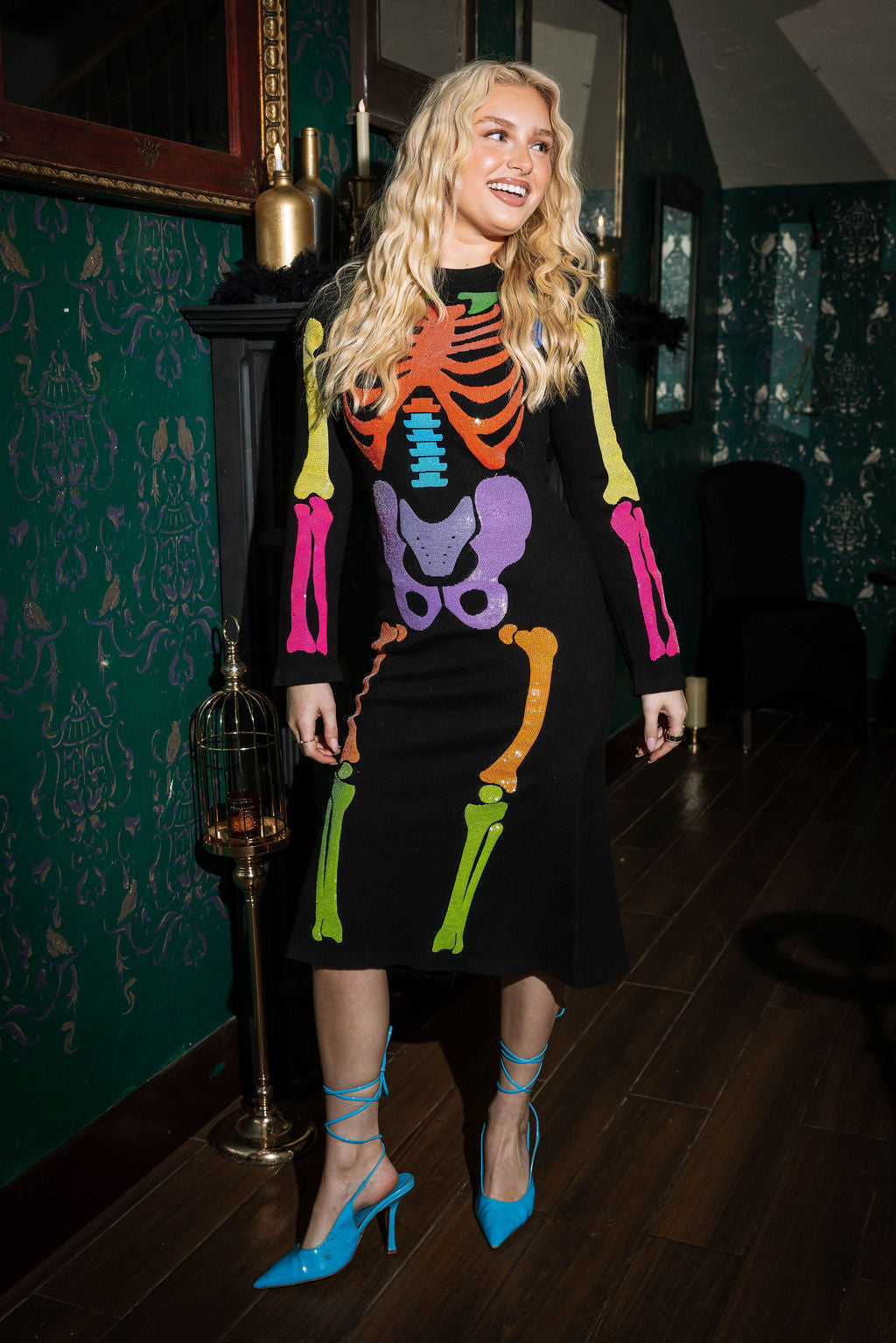 Black Multi Sequin Skeleton Knit Midi Dress