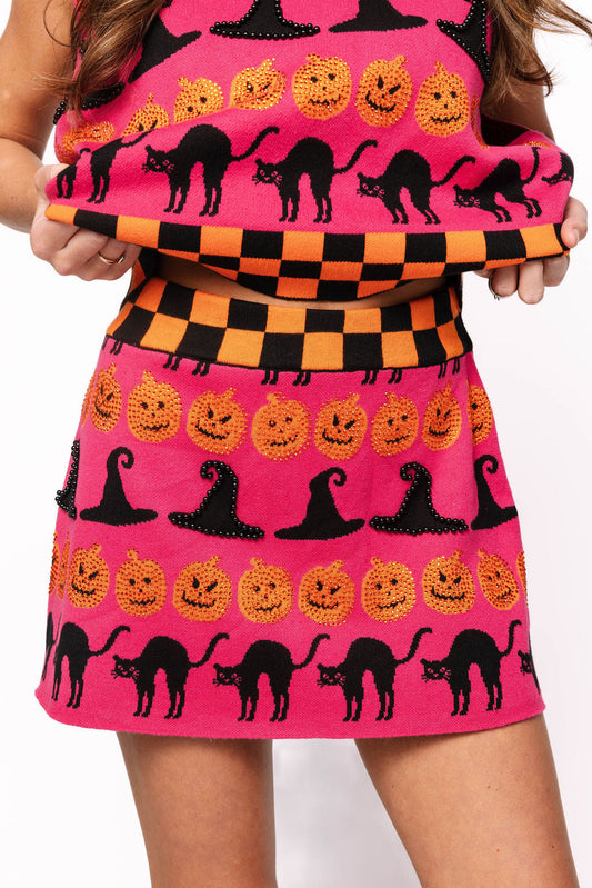 Hot Pink, Black & Orange Checker Trim Halloween Icon Skirt
