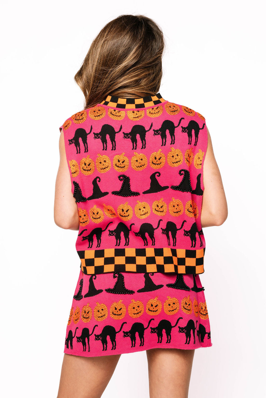 Hot Pink, Black & Orange Checker Trim Halloween Icon Skirt