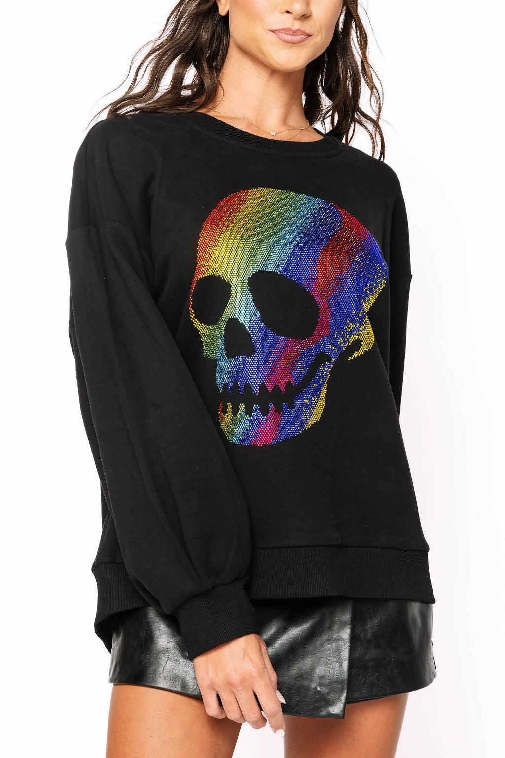 Black Rainbow Rhinestone Skull Sweatshirt