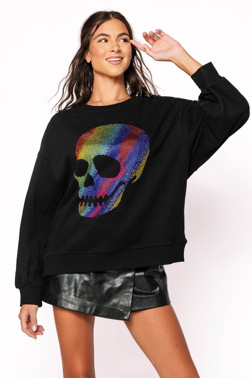 Black Rainbow Rhinestone Skull Sweatshirt