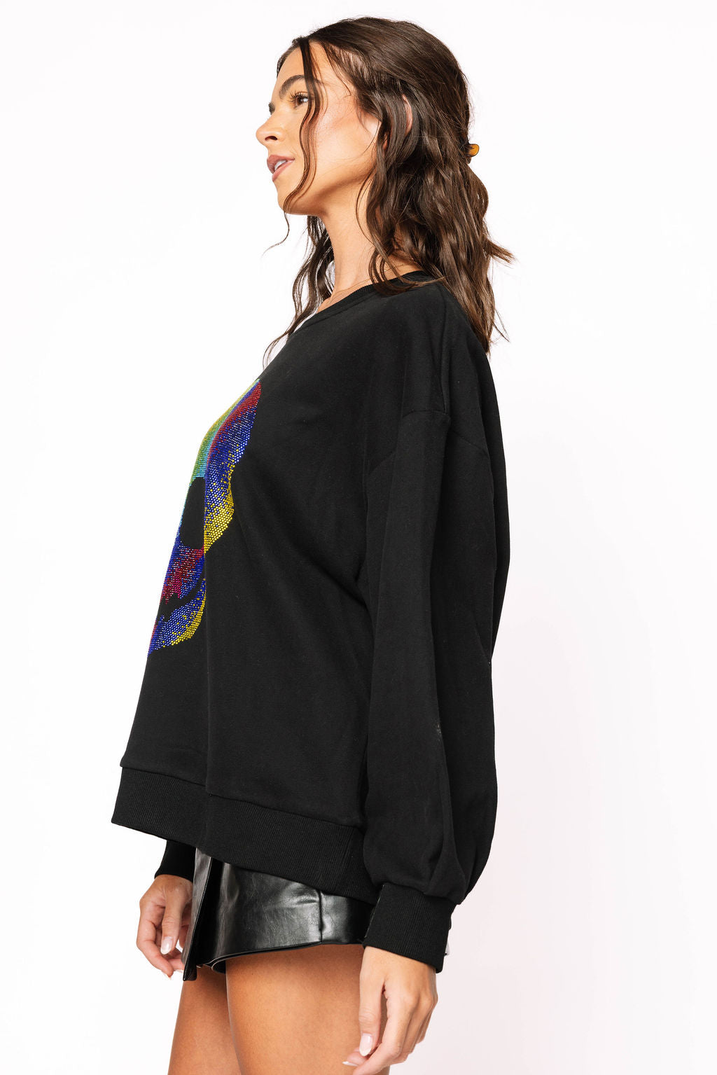 Black Rainbow Rhinestone Skull Sweatshirt