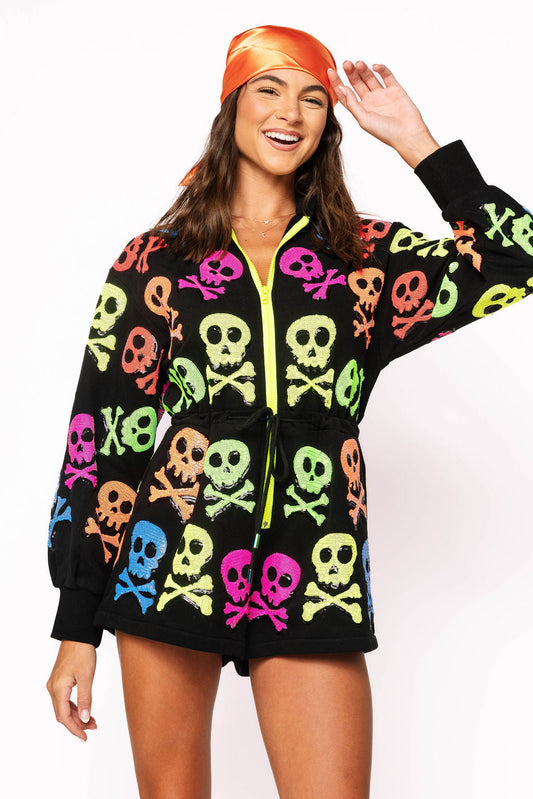 Black Neon Skull & Crossbones Zip Up Long Sleeve Romper