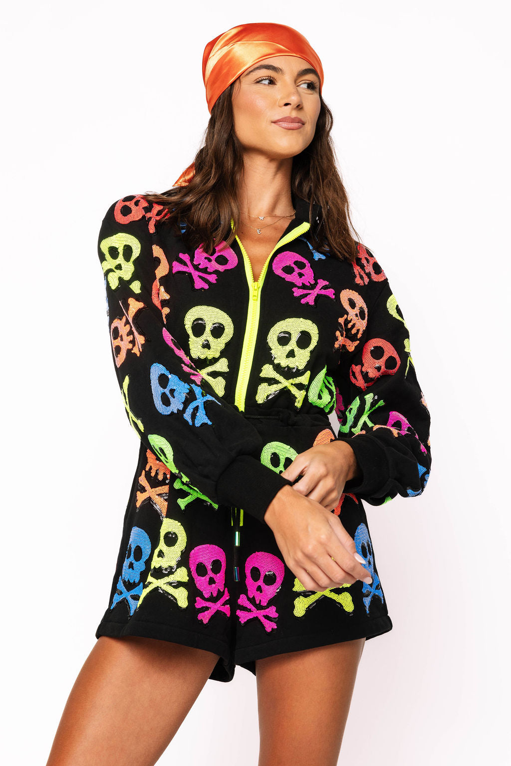 Black Neon Skull & Crossbones Zip Up Long Sleeve Romper