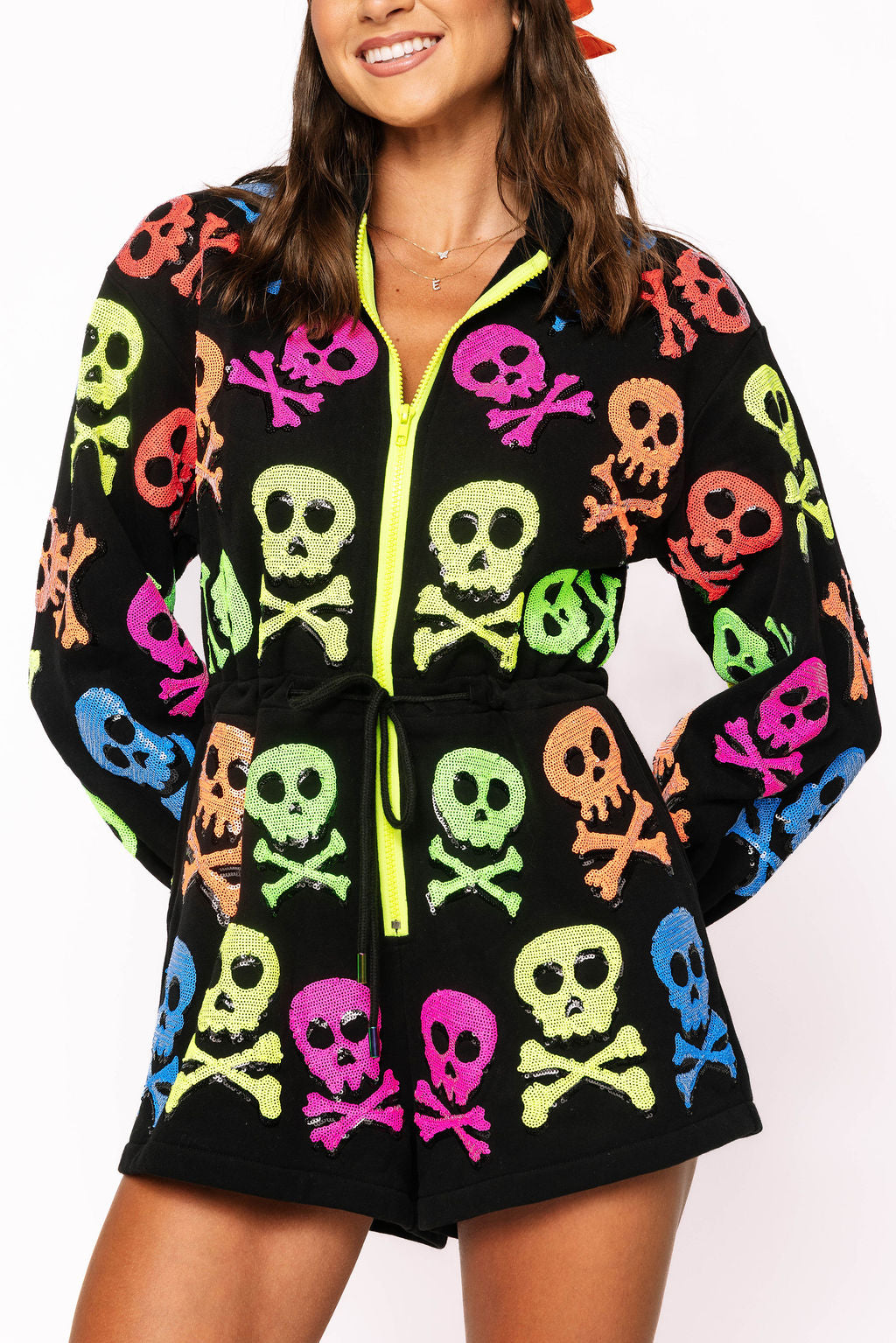 Black Neon Skull & Crossbones Zip Up Long Sleeve Romper