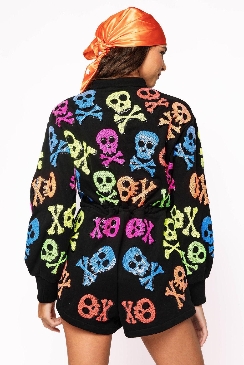 Black Neon Skull & Crossbones Zip Up Long Sleeve Romper