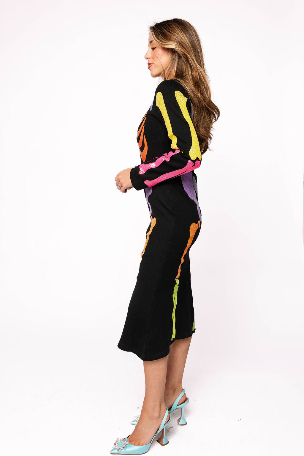 Black Multi Sequin Skeleton Knit Midi Dress