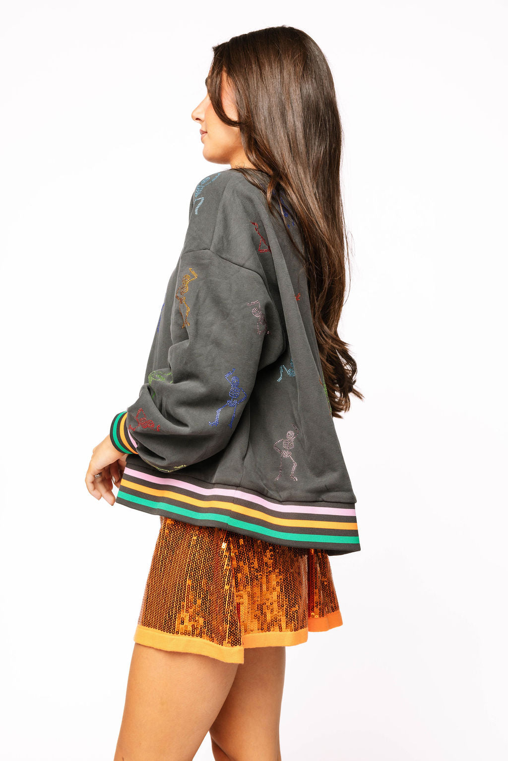 Charcoal Multi Skeleton Striped Trim Sweatshirt