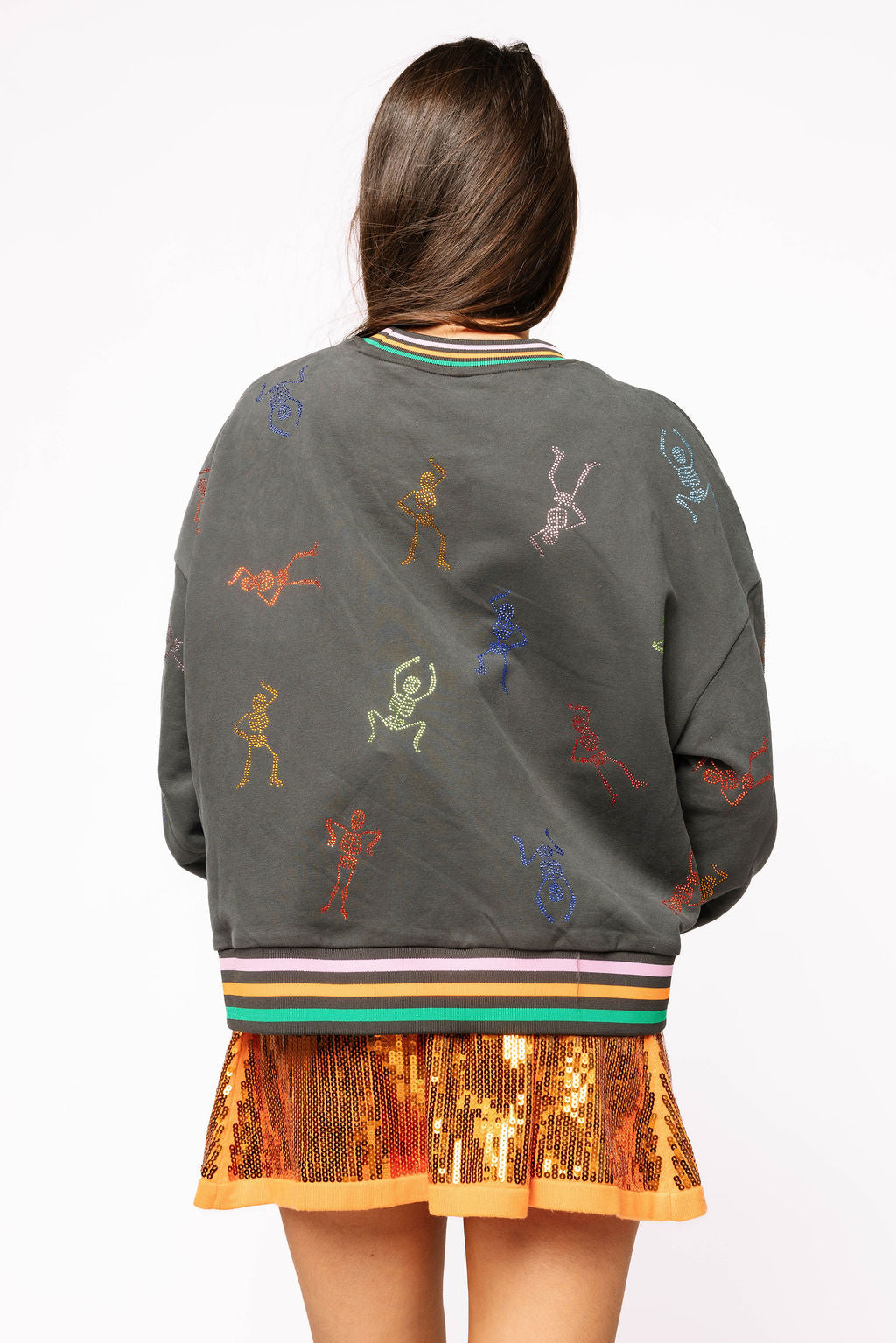 Charcoal Multi Skeleton Striped Trim Sweatshirt