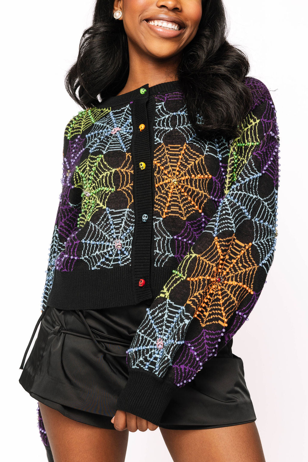 Black Multi Spiderweb Button Up Sweater