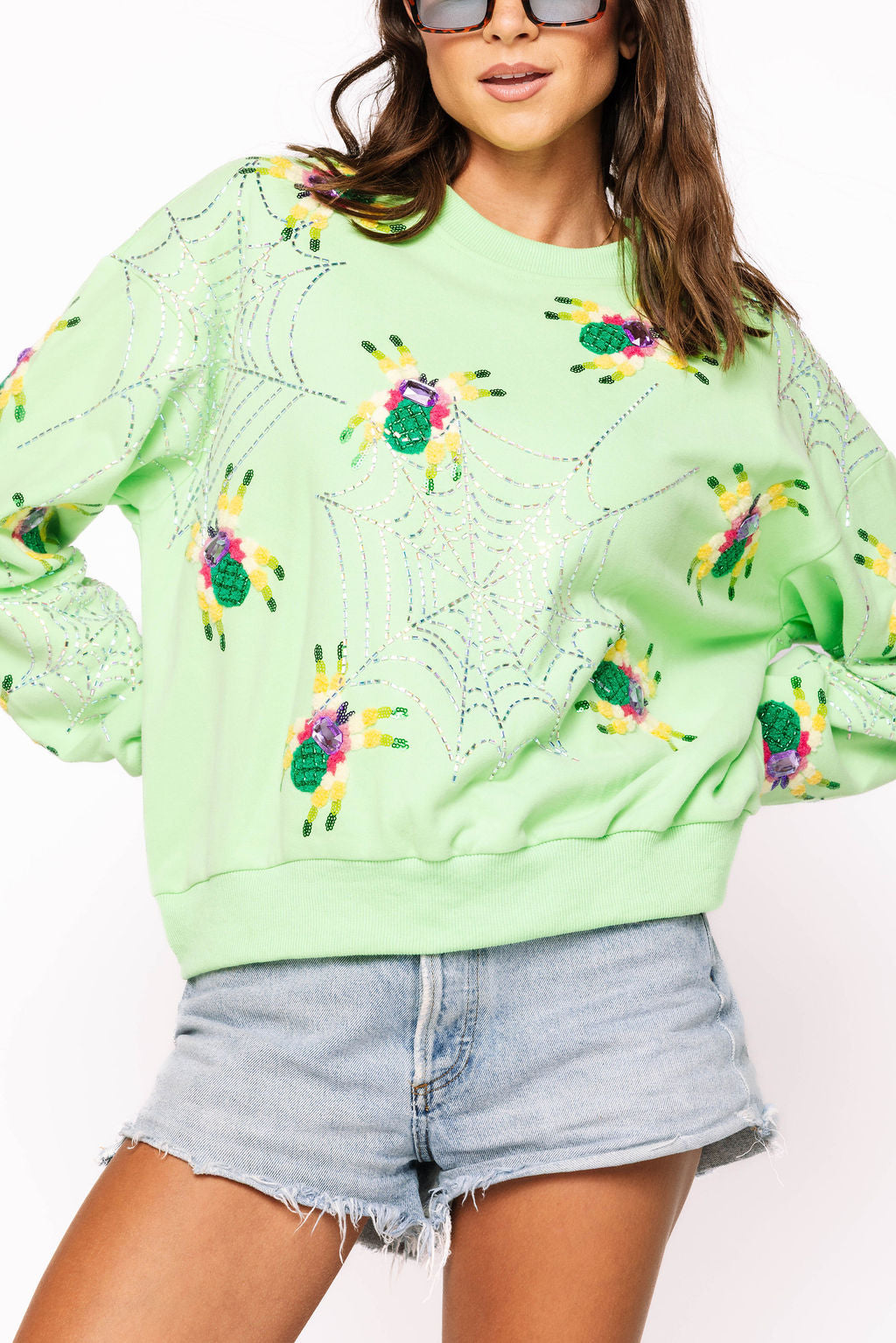 Neon Green Fuzzy Spider & Web Sweatshirt