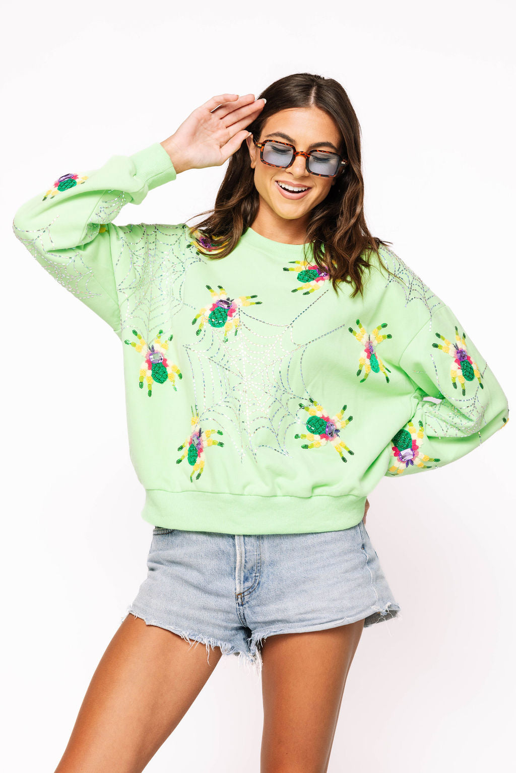 Neon Green Fuzzy Spider & Web Sweatshirt
