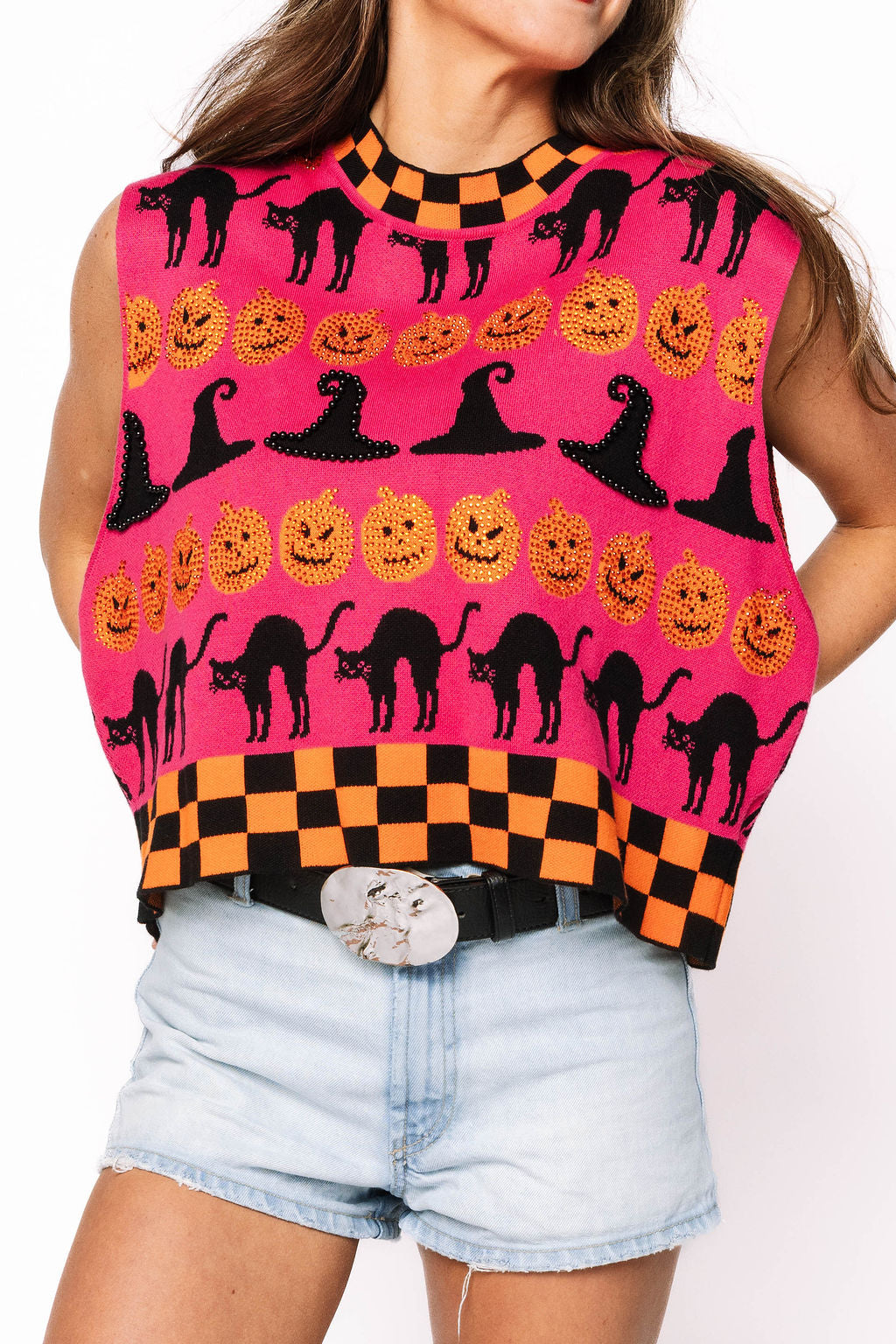 Hot Pink, Black & Orange Checker Trim Halloween Icon Tank