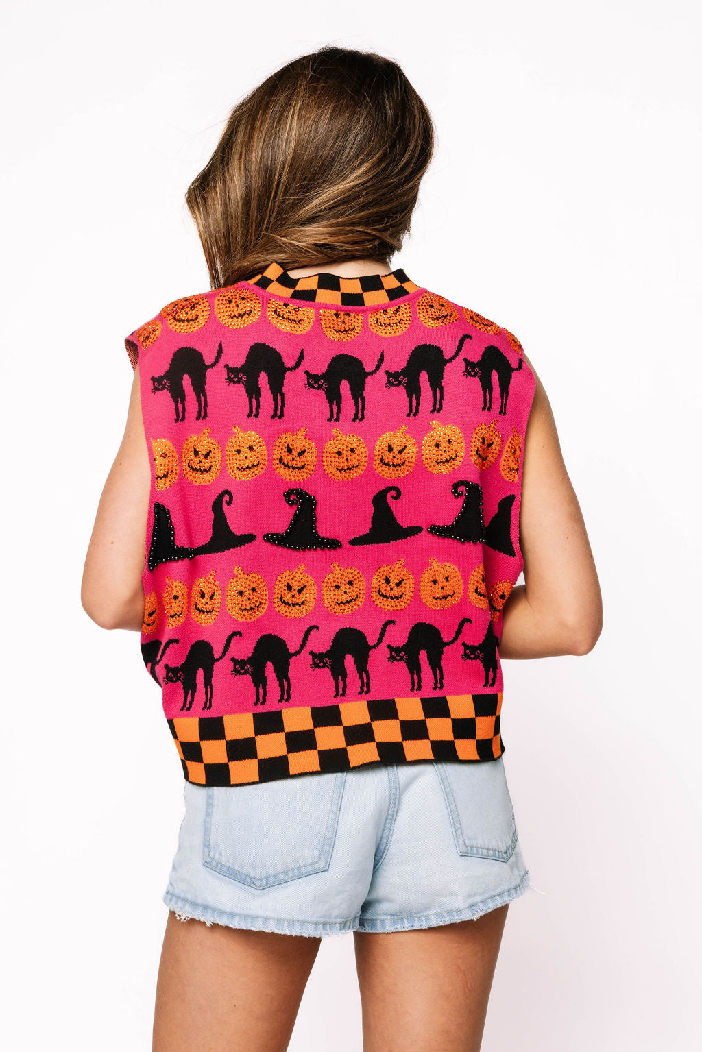 Hot Pink, Black & Orange Checker Trim Halloween Icon Tank