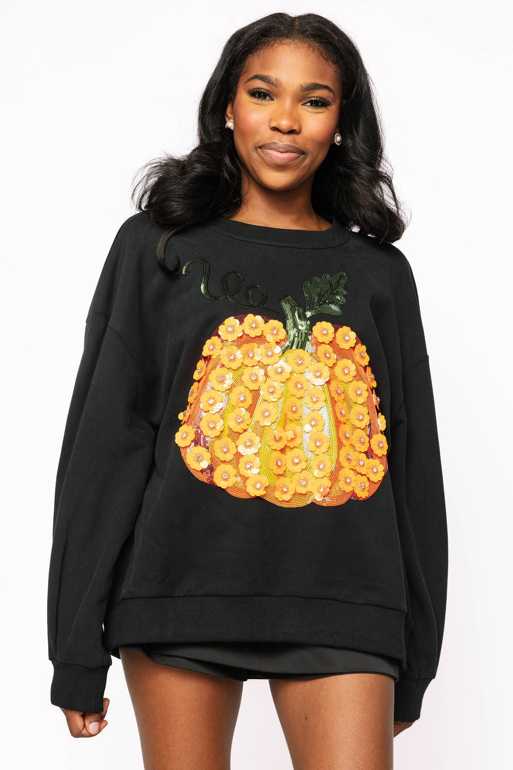 Black & Orange Flower Sequin Pumpkin Sweatshirt