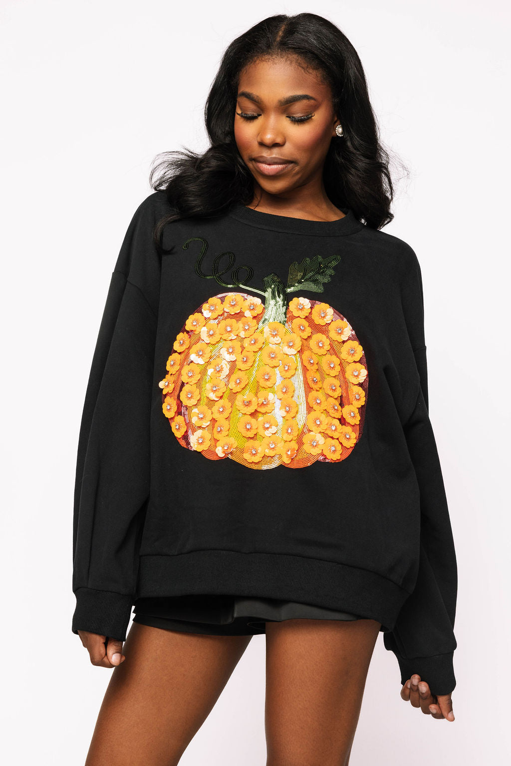 Black & Orange Flower Sequin Pumpkin Sweatshirt
