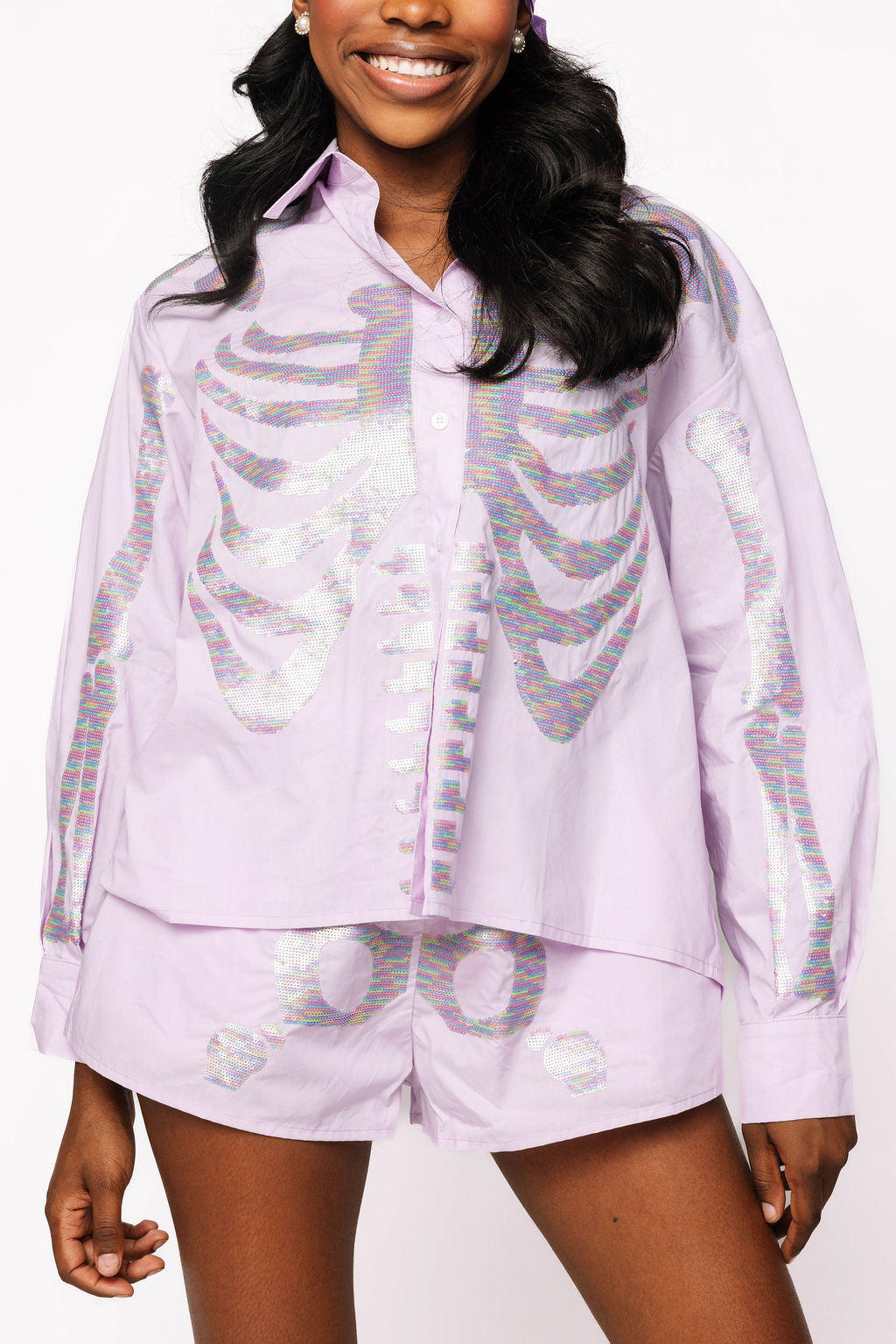 Lavender Tonal Skeleton Cotton Button Up Top