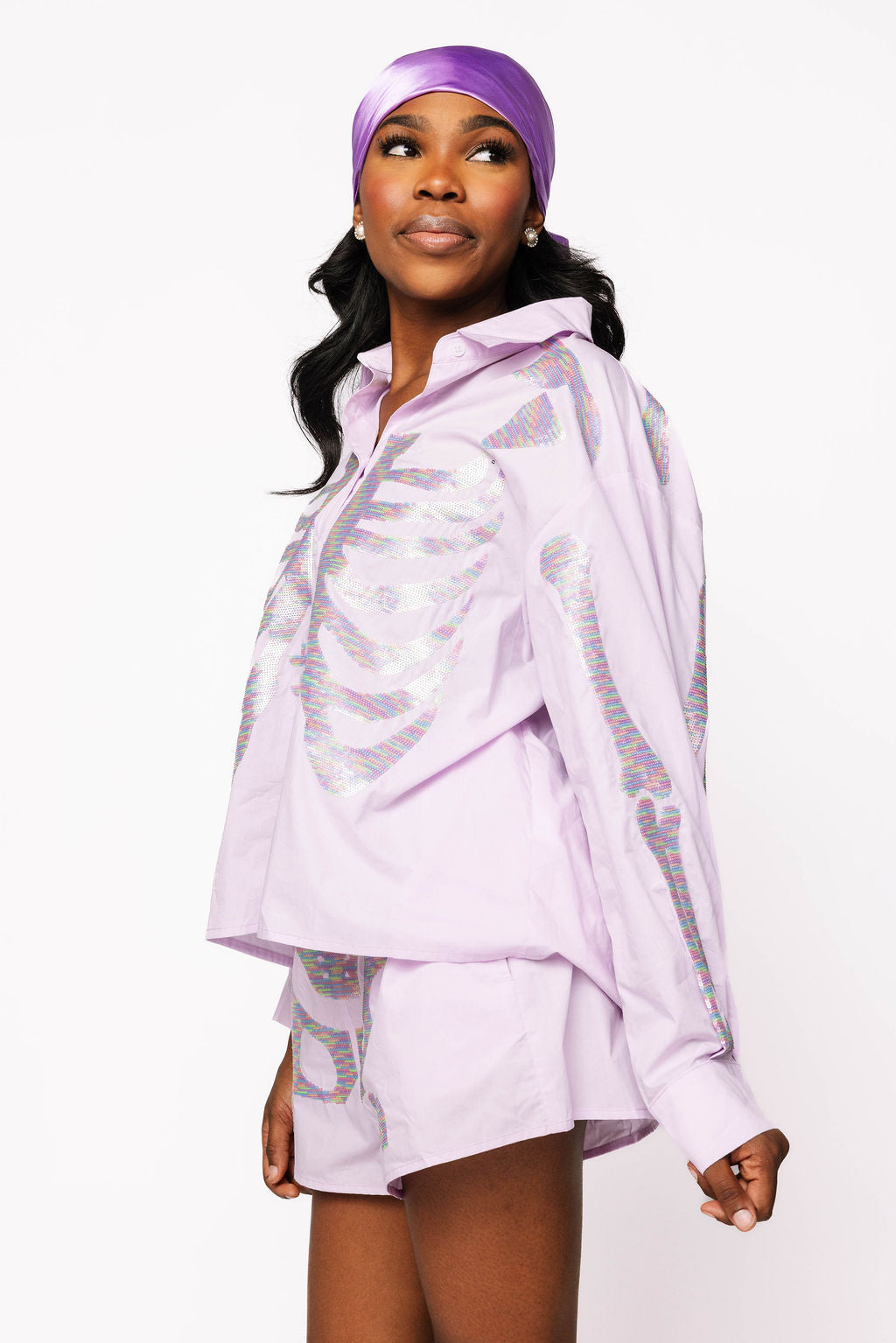 Lavender Tonal Skeleton Cotton Button Up Top
