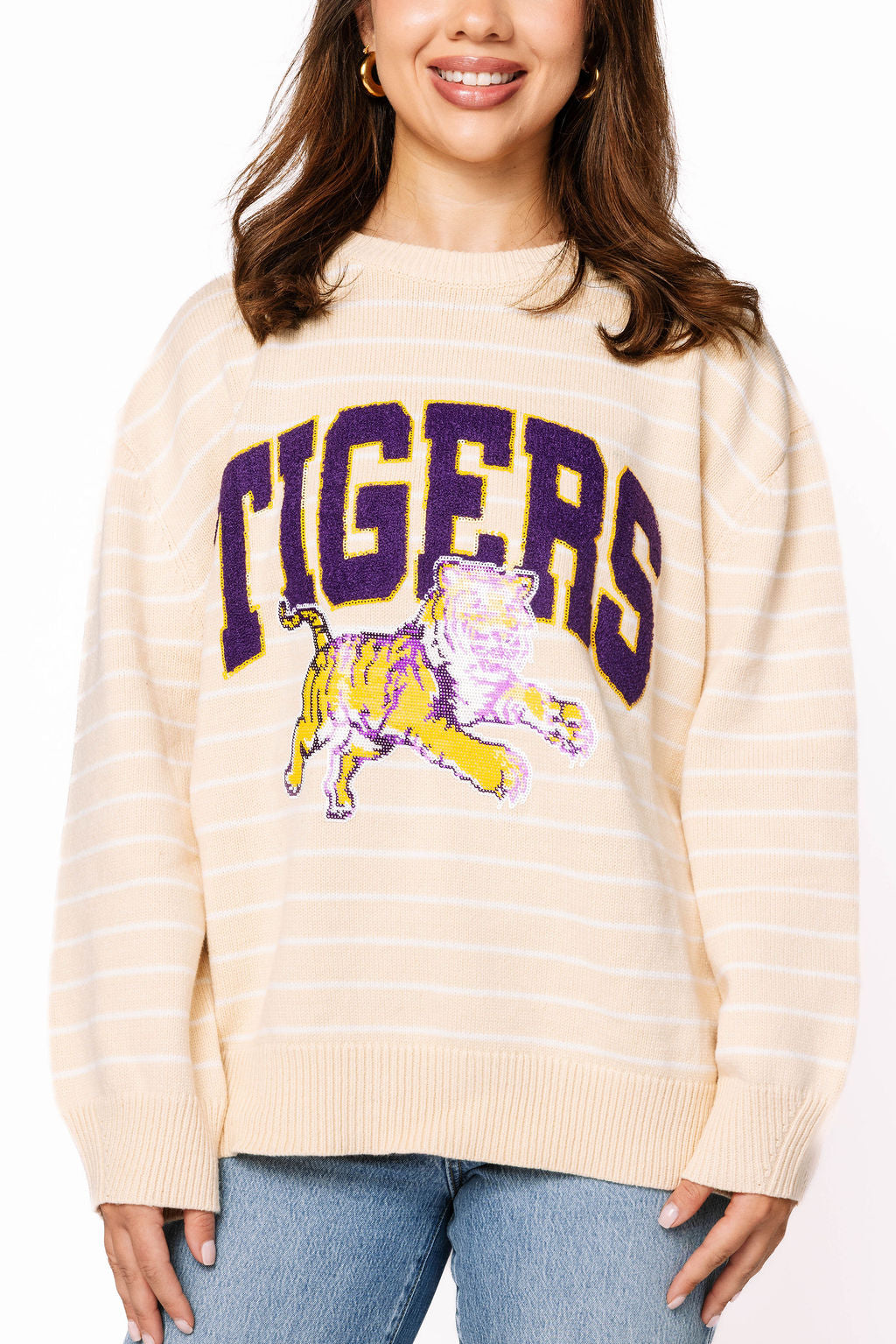 Licensed LSU Beige Stripe Vintage Team Sweater