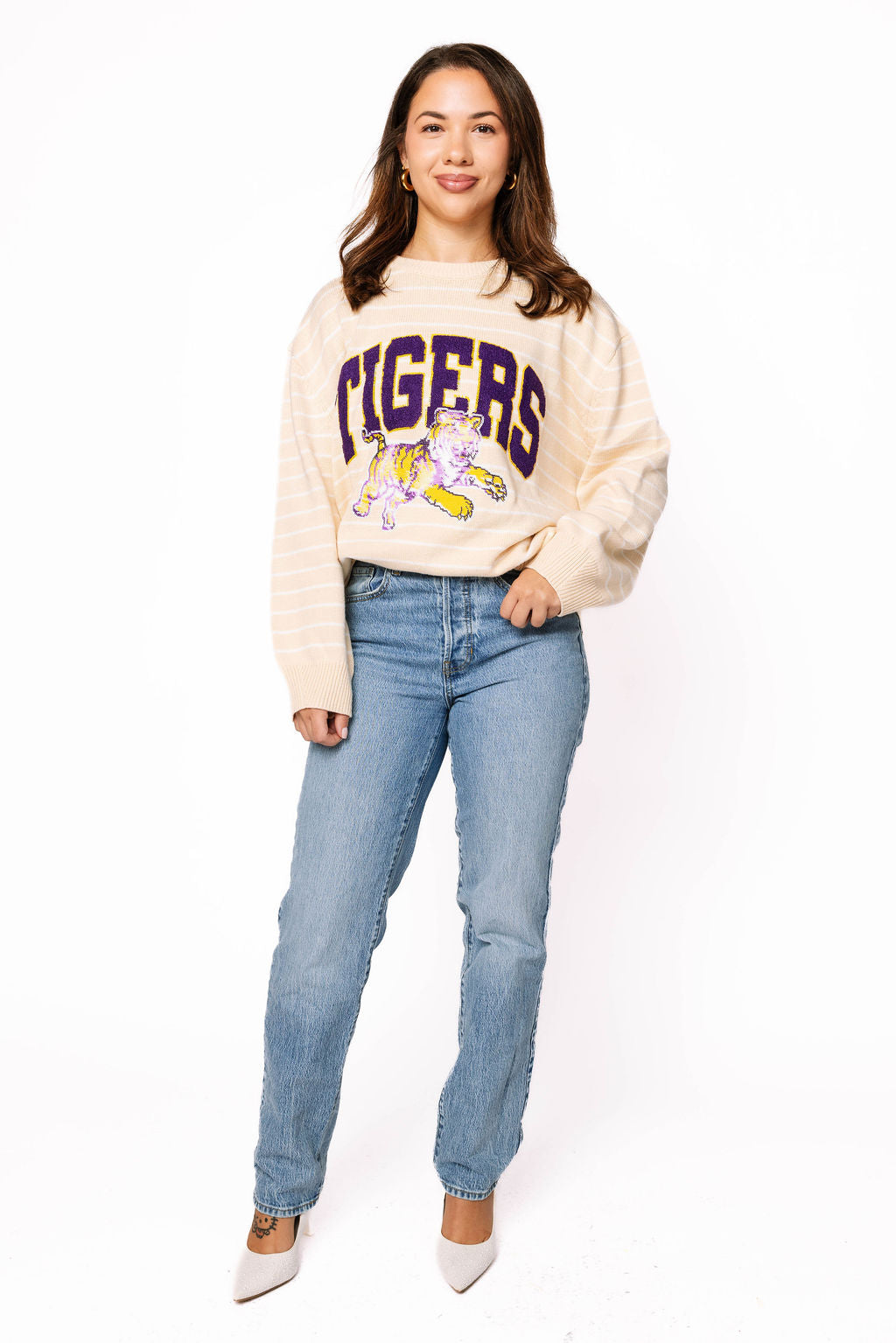 Licensed LSU Beige Stripe Vintage Team Sweater