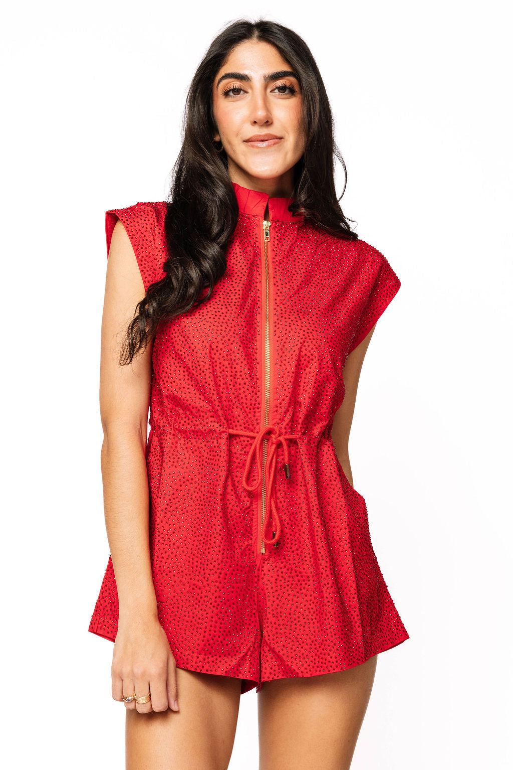Crimson Rhinestone Zip Up Romper