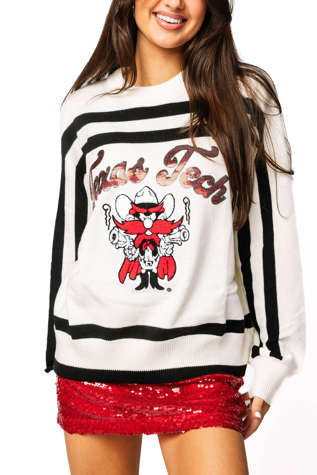 Licensed- Texas Tech Striped Long Sleeve Sweater