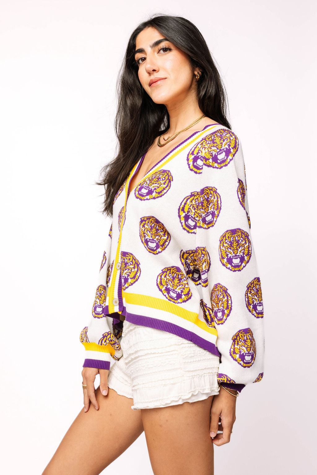 Licensed LSU Knit In Mascot Rhinestone Cardigan