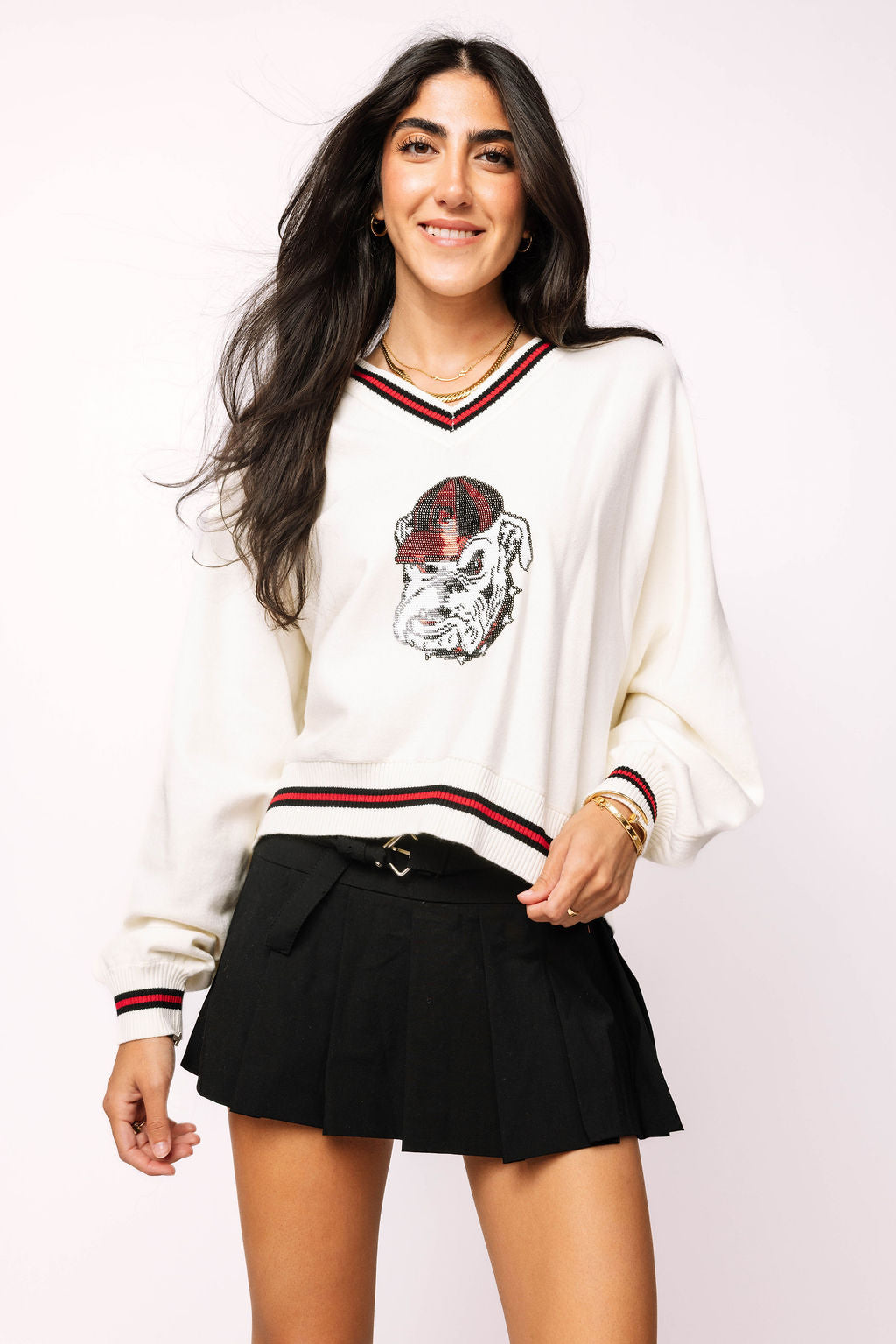 Licensed Georgia V Neck Striped Cuff LS Sweater With Small Mascot