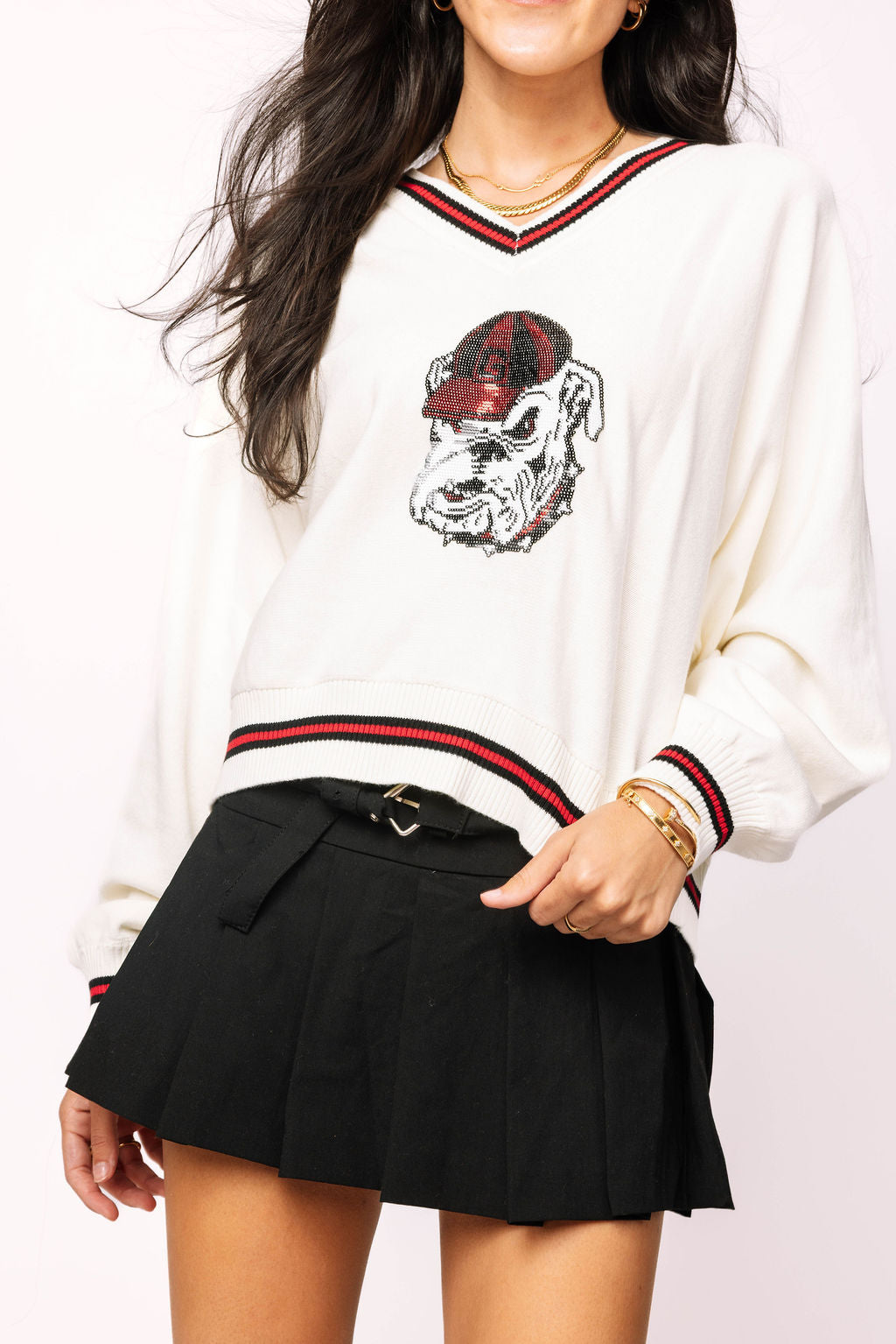 Licensed Georgia V Neck Striped Cuff LS Sweater With Small Mascot