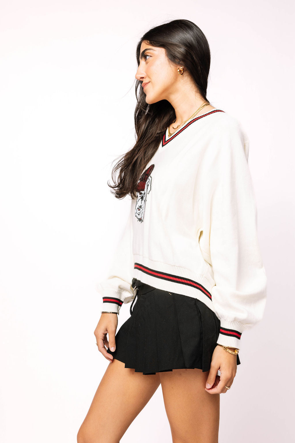 Licensed Georgia V Neck Striped Cuff LS Sweater With Small Mascot