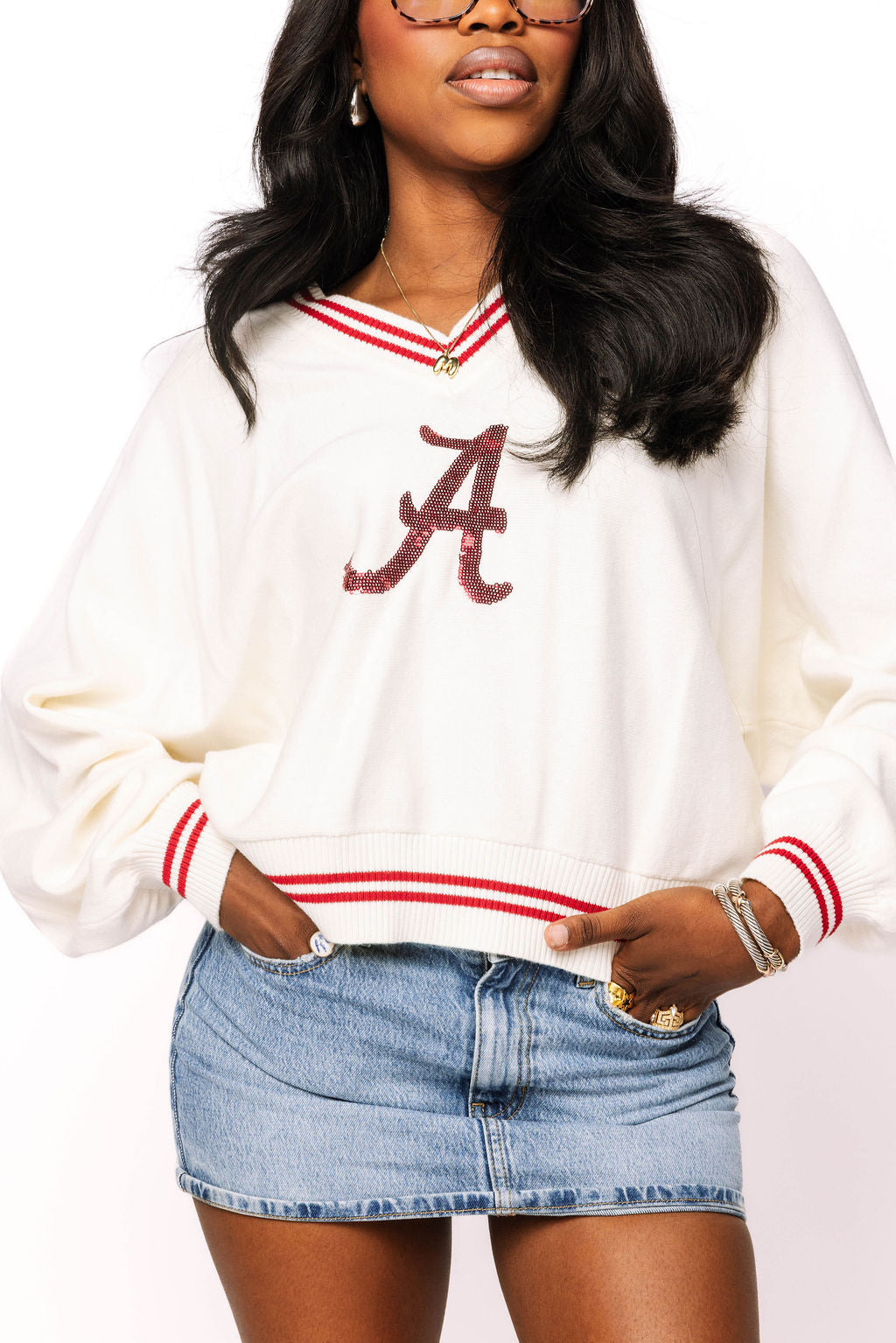 Licensed Alabama V Neck Striped Cuff LS Sweater With Small Mascot
