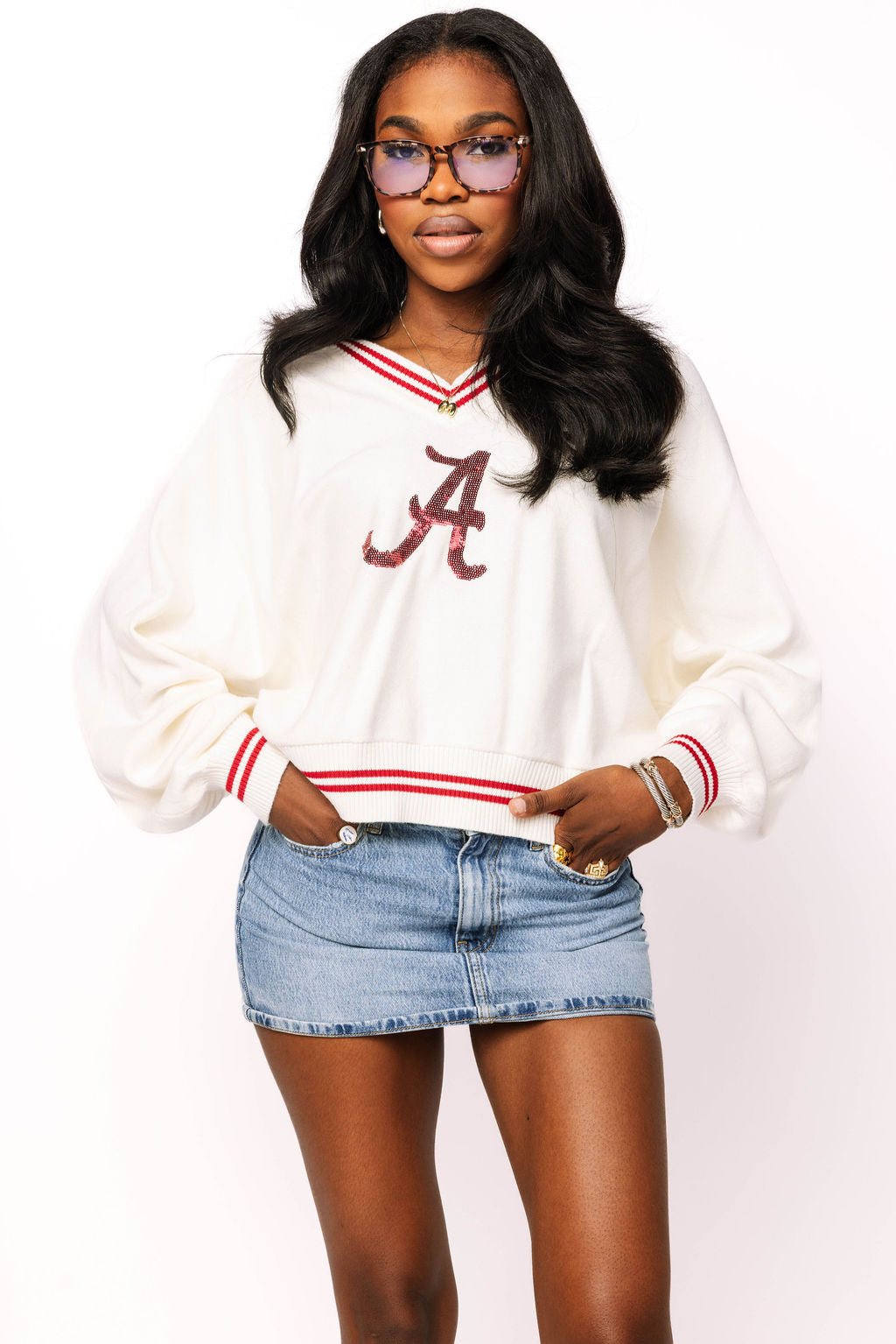 Licensed Alabama V Neck Striped Cuff LS Sweater With Small Mascot