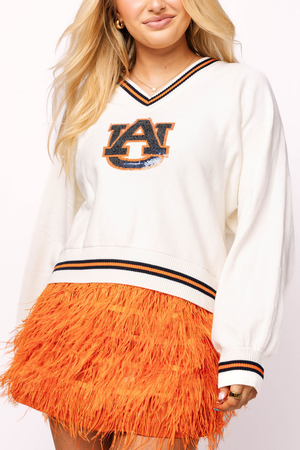 Licensed Auburn V Neck Striped Cuff LS Sweater With Small Mascot