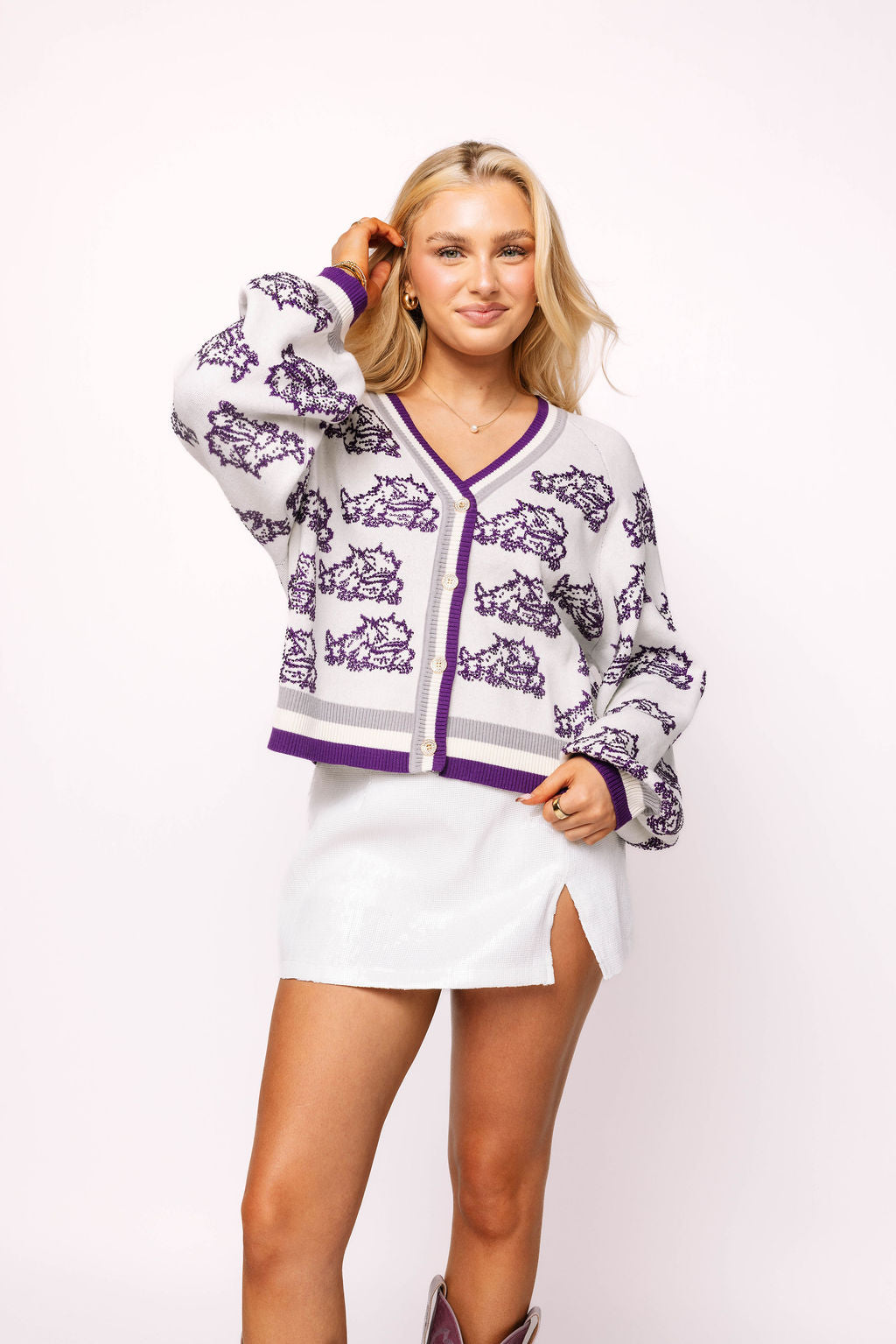 Licensed TCU Knit In Mascot Rhinestone Cardigan