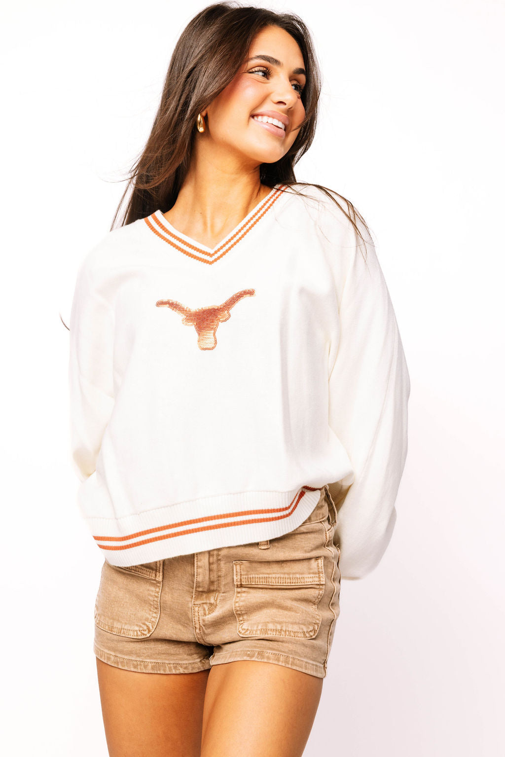 Licensed Texas V Neck Striped Cuff LS Sweater With Small Mascot