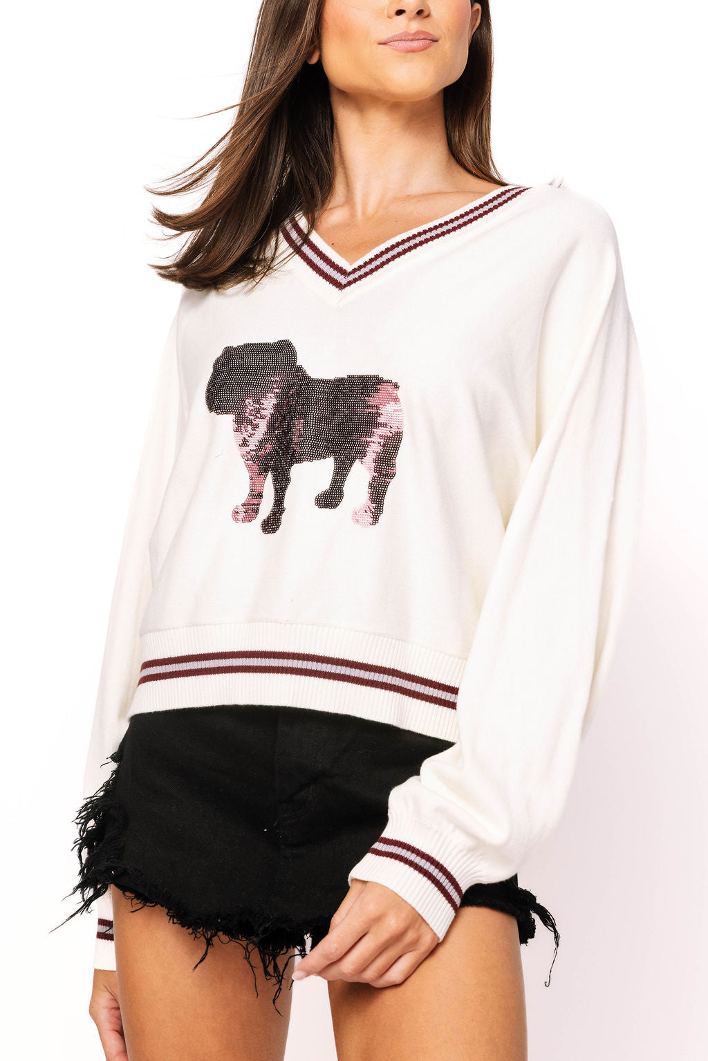 Licensed Miss State V Neck Striped Cuff LS Sweater With Small Mascot