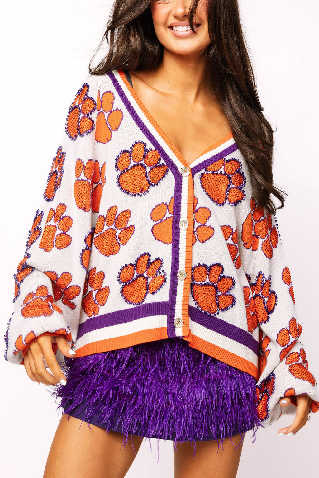 Licensed Clemson Knit In Mascot Rhinestone Cardigan