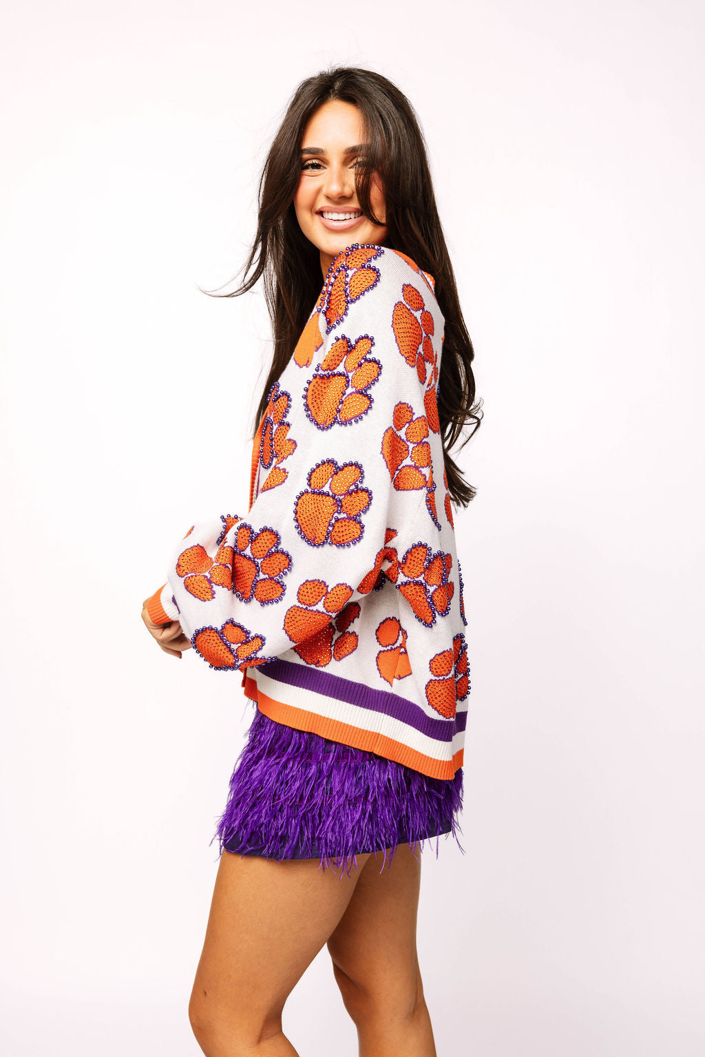 Licensed Clemson Knit In Mascot Rhinestone Cardigan