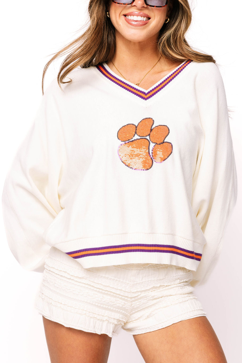 Licensed Clemson V Neck Striped Cuff LS Sweater With Small Mascot