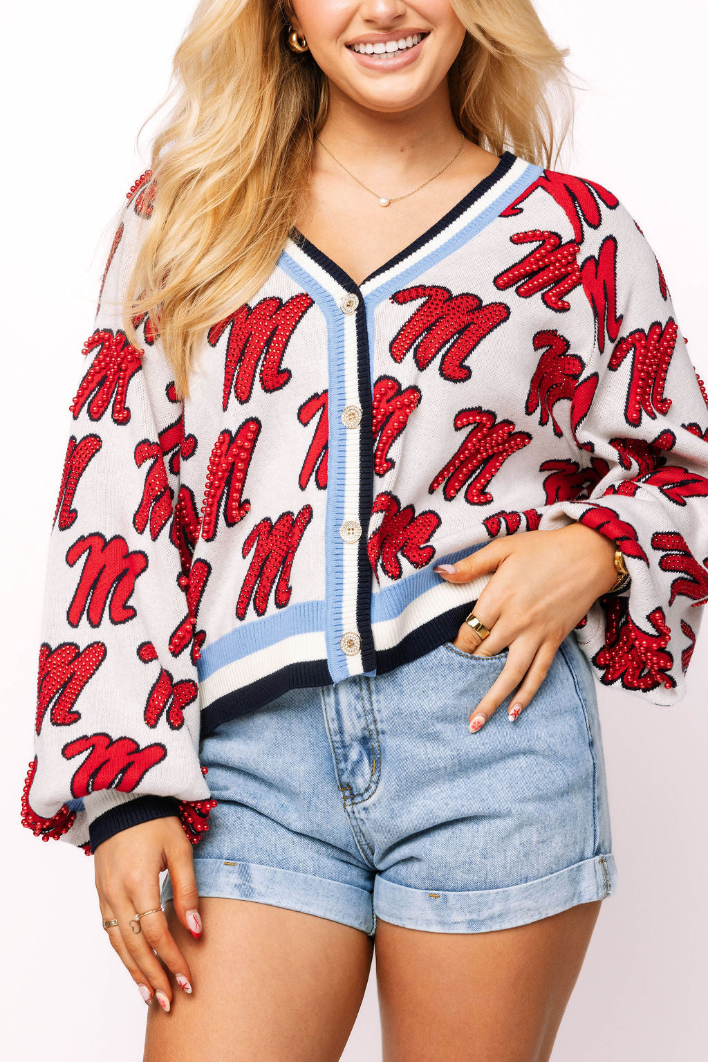 Licensed Ole Miss Knit In Mascot Rhinestone Cardigan