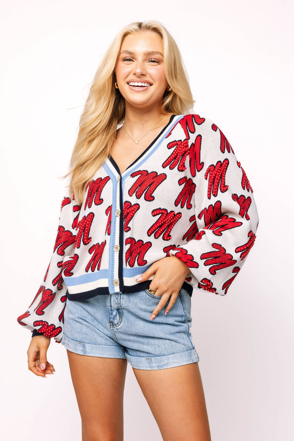 Licensed Ole Miss Knit In Mascot Rhinestone Cardigan